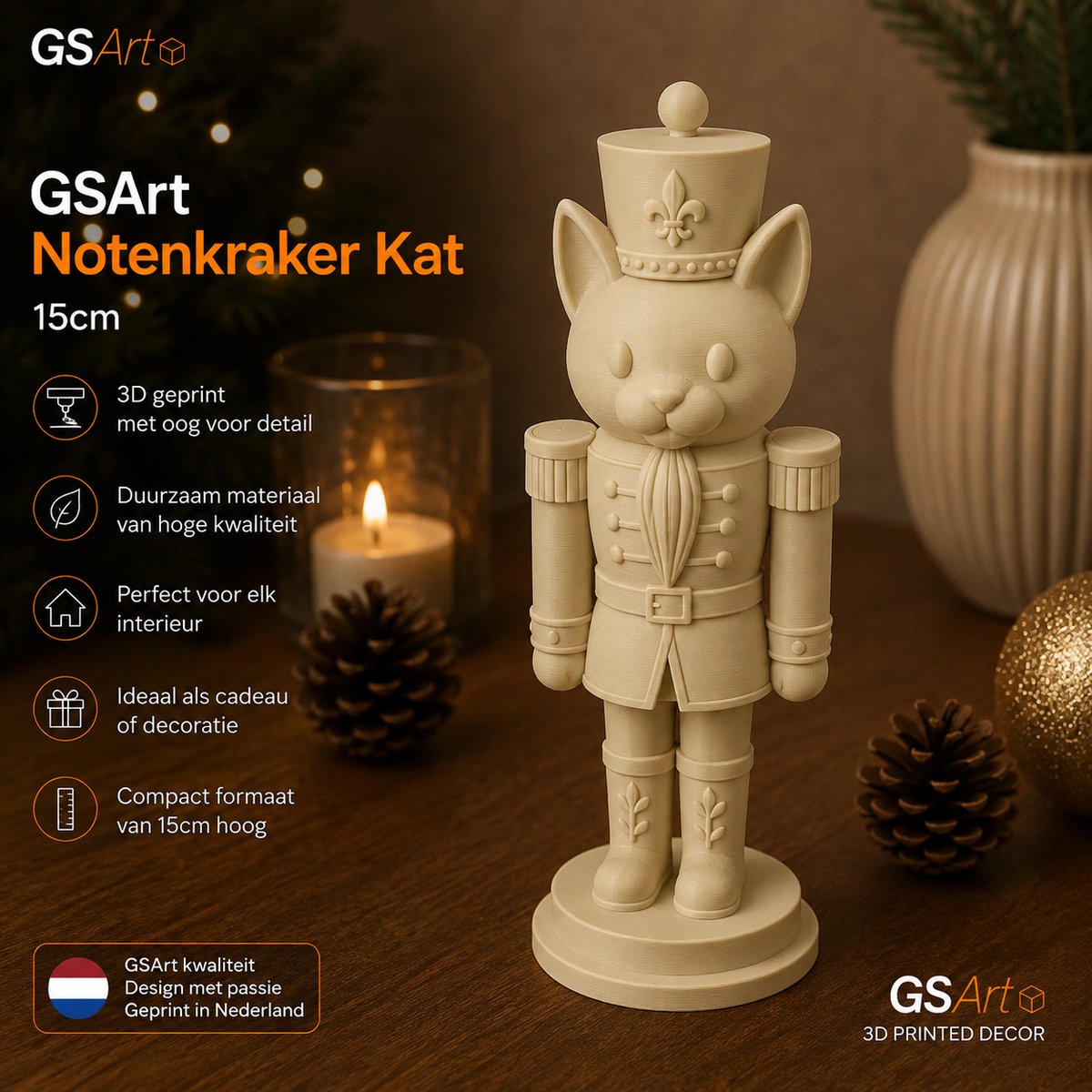 GSArt Notenkraker Kat 15cm – 3D-geprinte kerstdecoratie - Mat Woestijnbeige