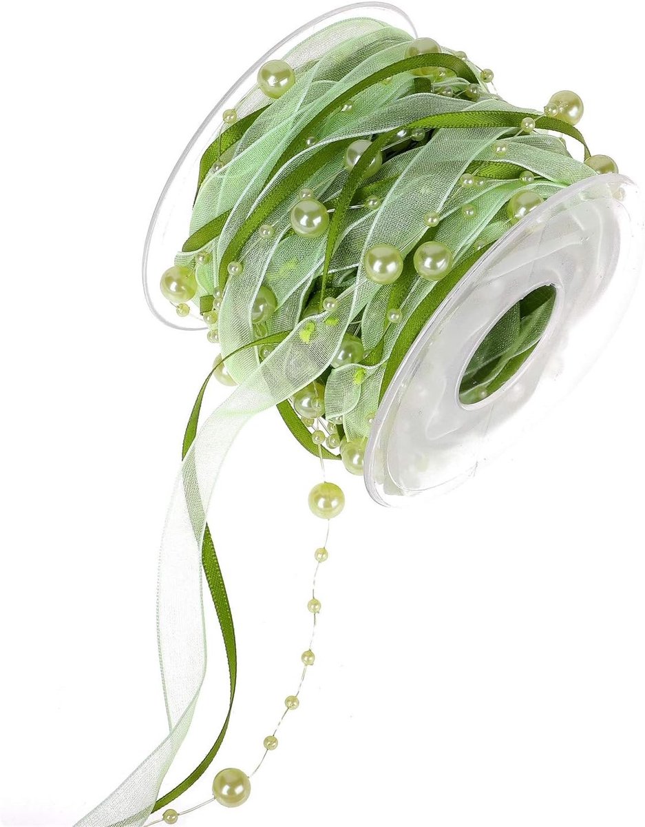 3 Strings Beaded Ribbon met Simulatie Parels en Satijn, 10 Meter Kerstdecoratie Bead Garland