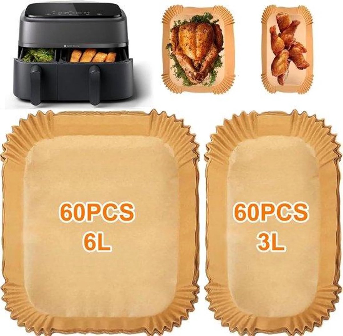 casalora - Bakpapier airfryer - Bakpapiervellen - Geschikt voor Philips Dual Basket Airfryer 3000-serie en 5000-serie (6L/3L) – modellen NA350/300 en NA550/500 - 120 Stuks - Airfryer Wegwerpbakjes - Geschikt voor Philips 9L heteluchtfriteuse