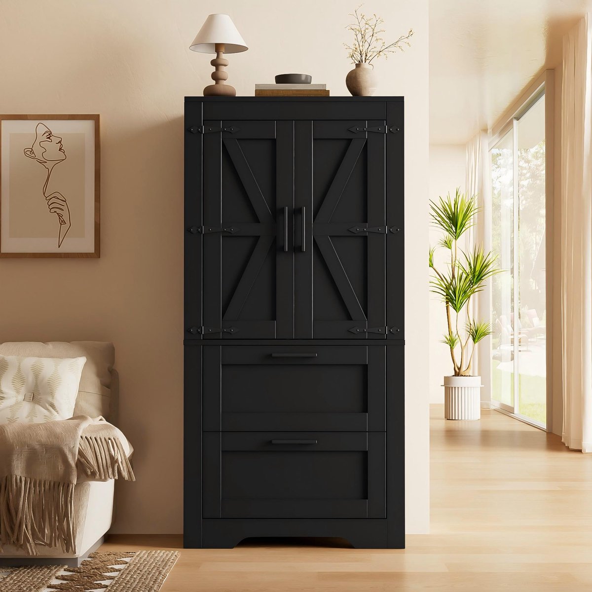 VVBV Buffetkast 60x30x128 cm - 2 Lades, Verstelbare Planken, Barn-Door-Stijl, Opbergruimte - Zwart