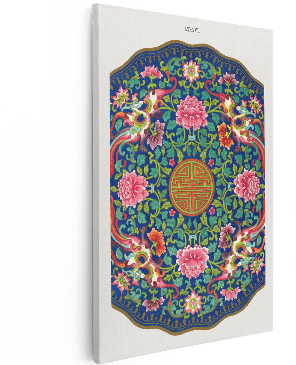 Artaza Canvas Schilderij Chinees Patroon - 100x150 cm - Groot - Wanddecoratie Bloemen - Muurdecoratie Vintage - Decoratie Draken - Roze
