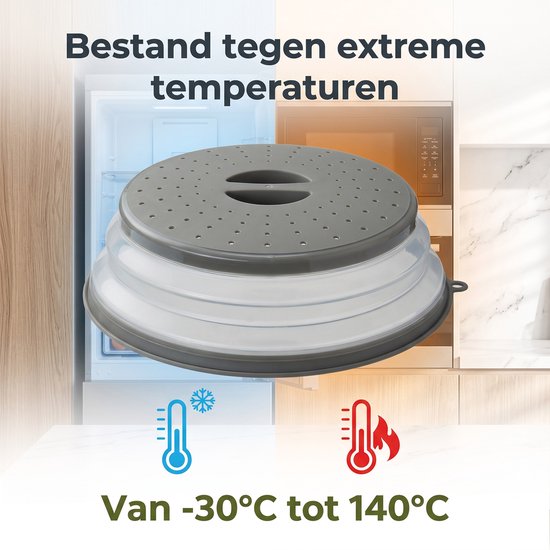 Grijze, opvouwbare magnetronafdekking toont weerstand tegen extreme temperaturen, met koelkast en magnetron op de achtergrond.