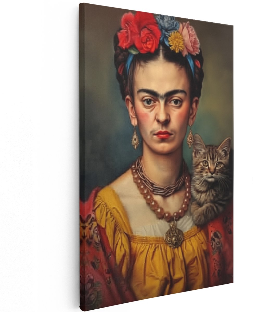 Artaza Canvas Schilderij Frida Kahlo met een Kat - Dieren - 100x150 cm - Groot - Wanddecoratie Woonkamer - Schilderijen - Muurdecoratie