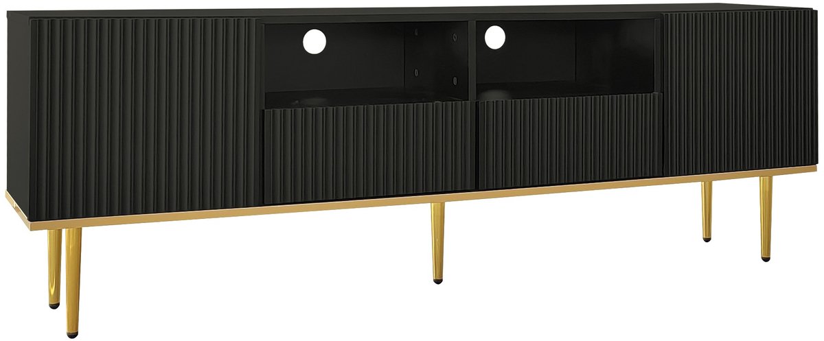 TV Meubel - 165 cm Met Geribbelde Deuren En Gouden Poten - Zwart