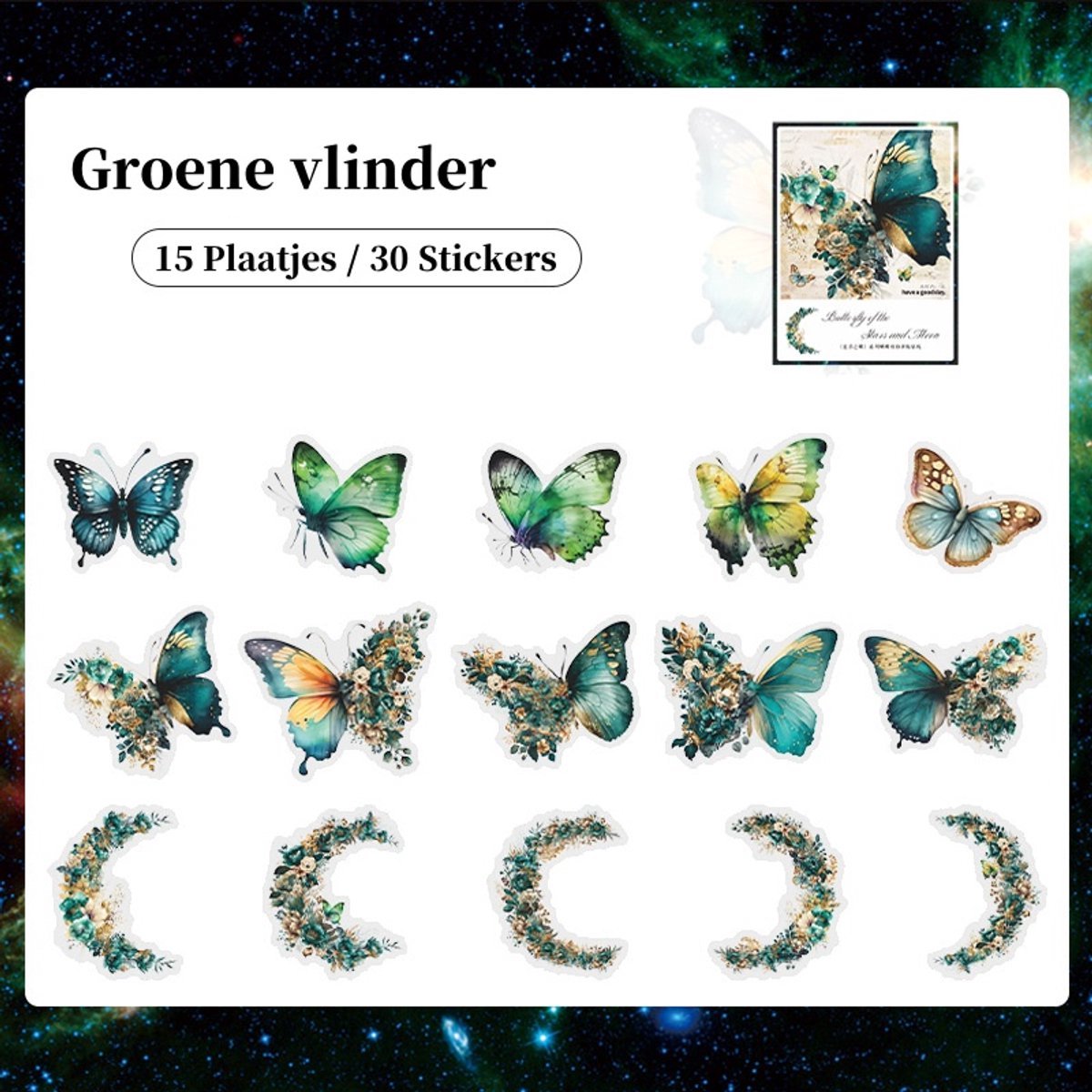 Casalora Vlinder Stickers – 30 Stuks (15 Designs) – DIY Decoratieve Sticker Set – Voor Scrapbook, Planner, Dagboek & Album – Groene Vlinder