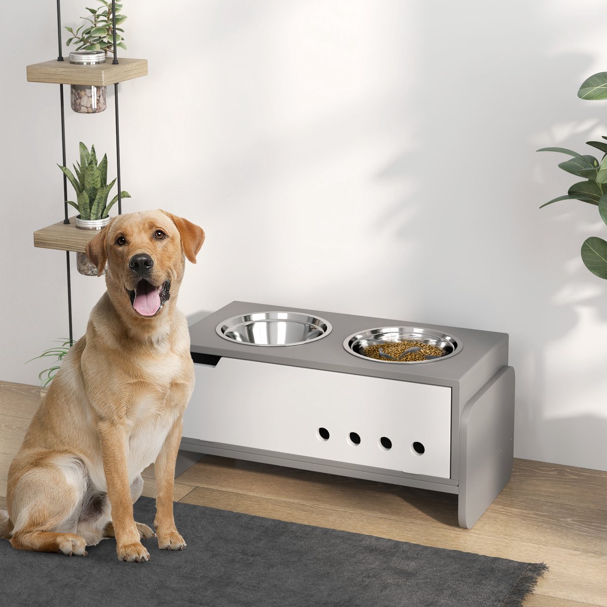 TEKROA® Voerbak - 3 in hoogte verstelbare voerbakken voor honden - voerstation met opbergruimte en slowfeeder - mat 2 roestvrijstalen kommen