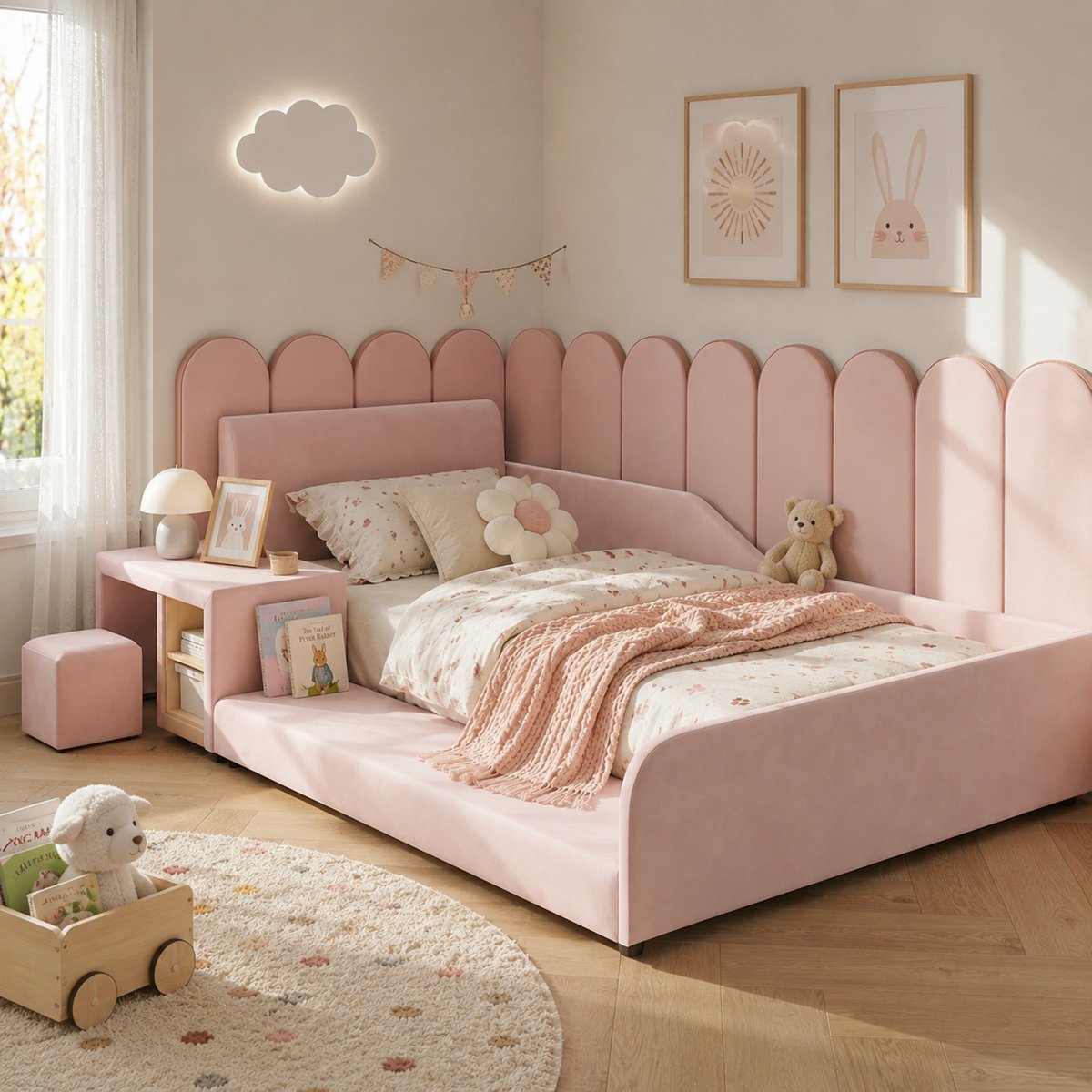 Welltin Kinderbed 90x200 cm - Eenpersoonsbed - Gestoffeerd bed - Vloerbed - Met opbergplanken - Met zacht hoofdeinde - Fluweelstof - Met bureau en stoel - Zacht en schokbestendig - Roze