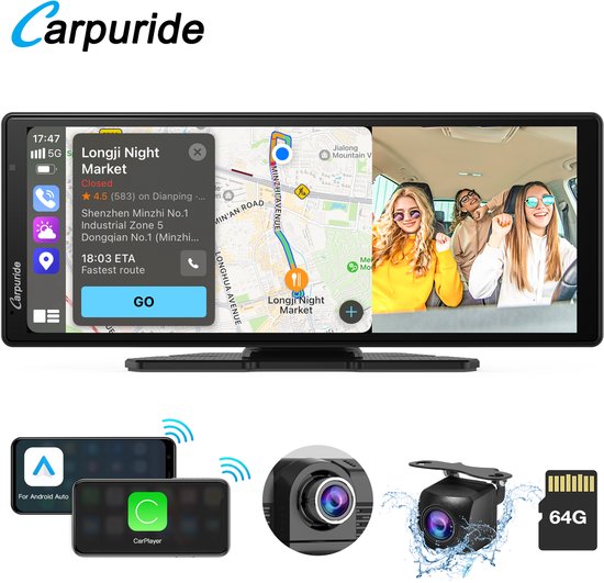 Carpuride W903 - Draagbaar CarPlay-scherm - dashcam-scherm HD IPS 9,3 - 4K-camera voor en achter - draadloze CarPlay en Android Auto - lusopname - Bluetooth - Mirror Link