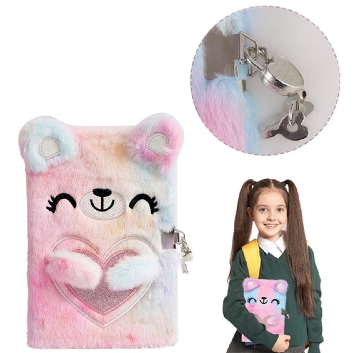 Pluche geheim dagboek voor meisjes｜A5 met berenmotief en slot, 21,5×14,5 cm, leuk cadeau voor meisjes