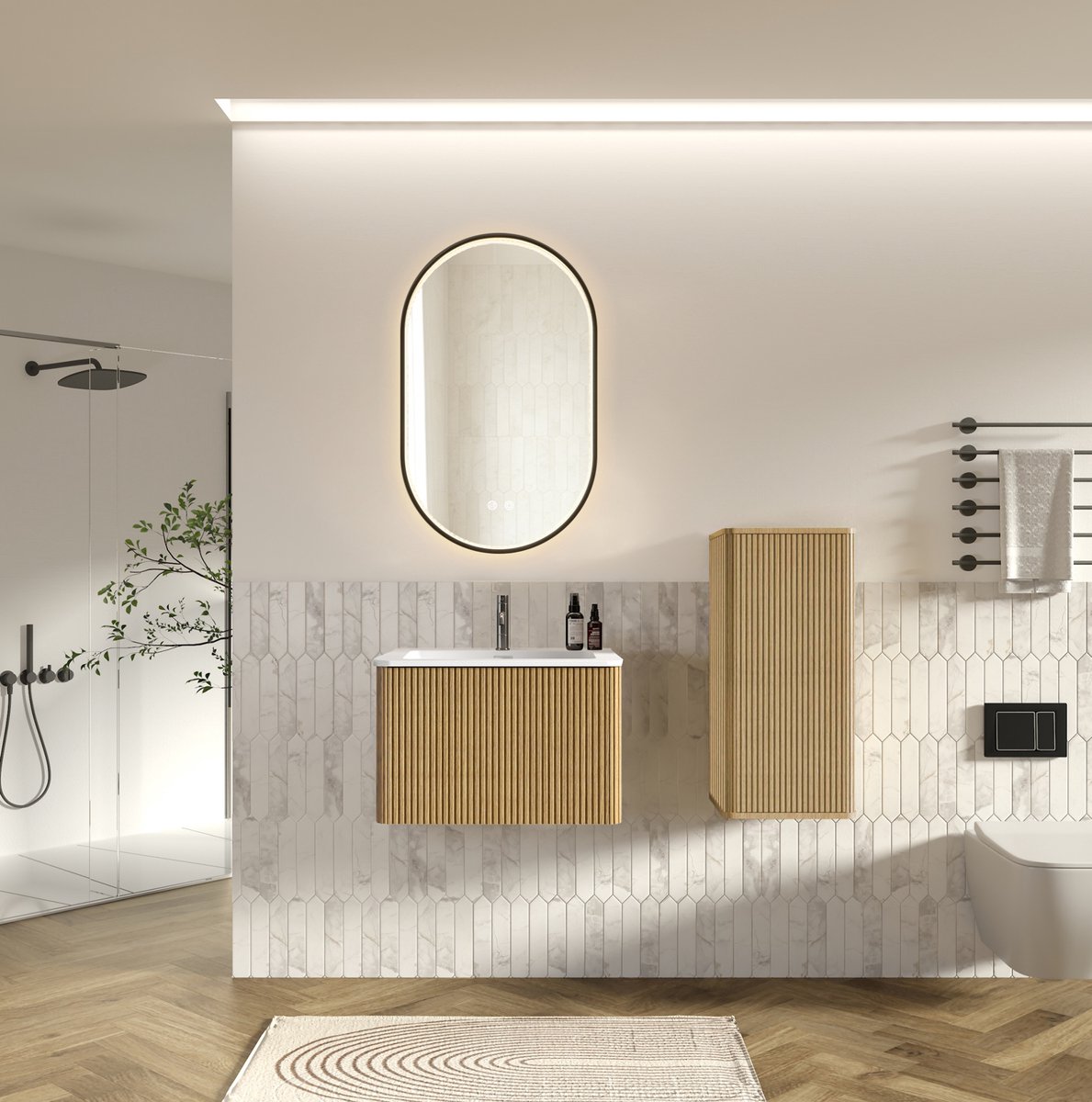 STILVORA Dressoir - Badkamermeubelset Met Wastafel, LED Spiegel En Zijkast - Hangend Voor Badkamer En Gastentoilet - Houtlook - 61x46,5x37 Cm - Eikenkleur