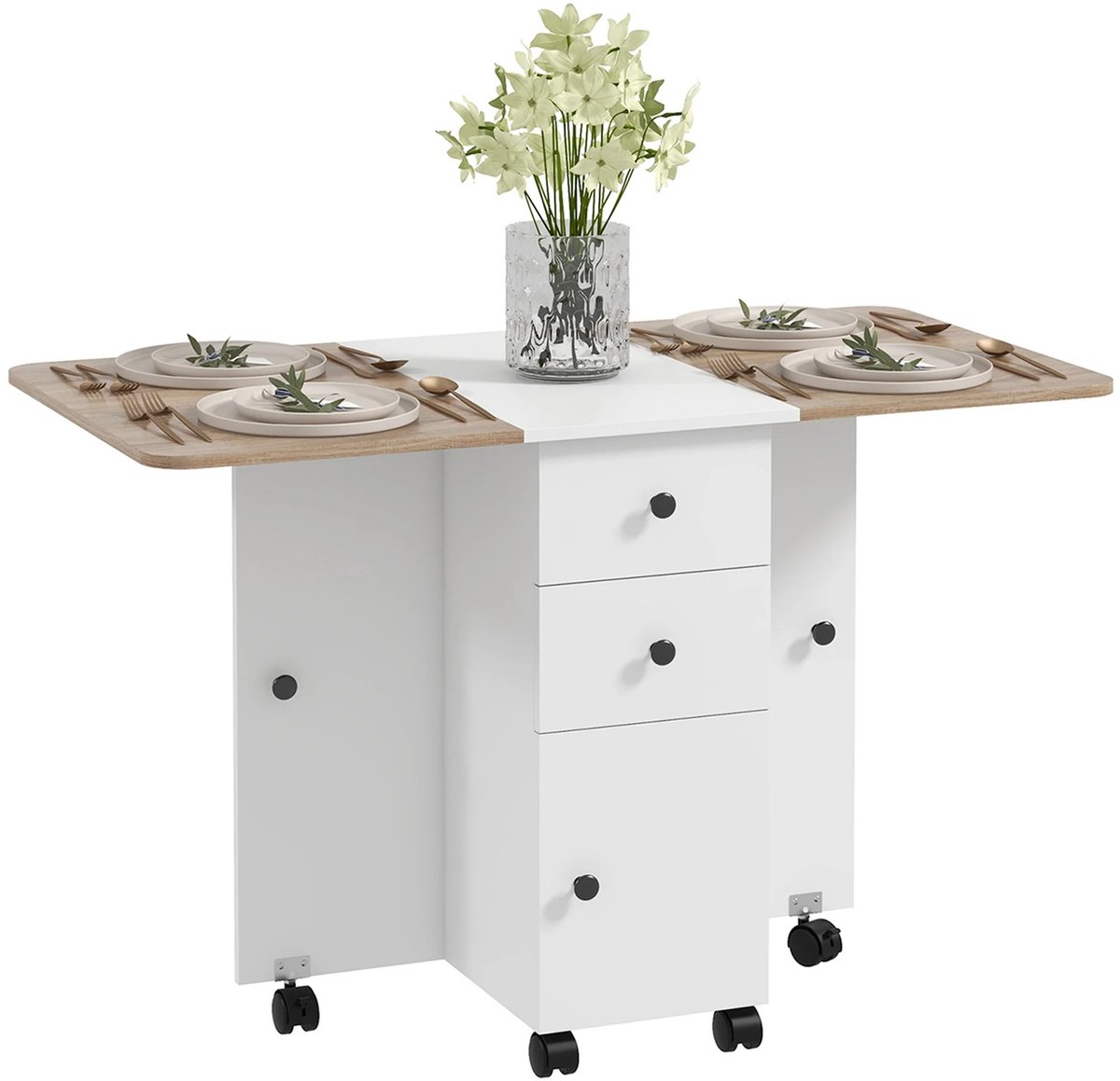 Atlasyx eettafel - Inklapbare tafel - Uitschuifbare eettafel - Keukentafel - 2 lades + kast - 120 x 60 x 76,5 cm - Wit en naturel