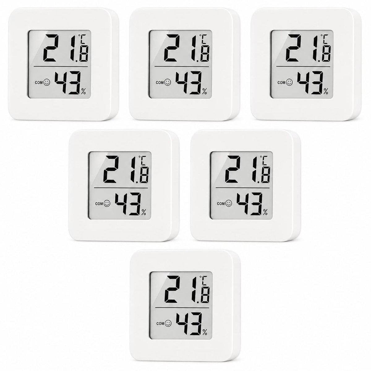 Digitale hygrometer set van 6 voor binnengebruik, nauwkeurige luchtvochtigheids- en temperatuurmeting, ideaal voor broeikassen en kamers, met smiley comfortweergave
