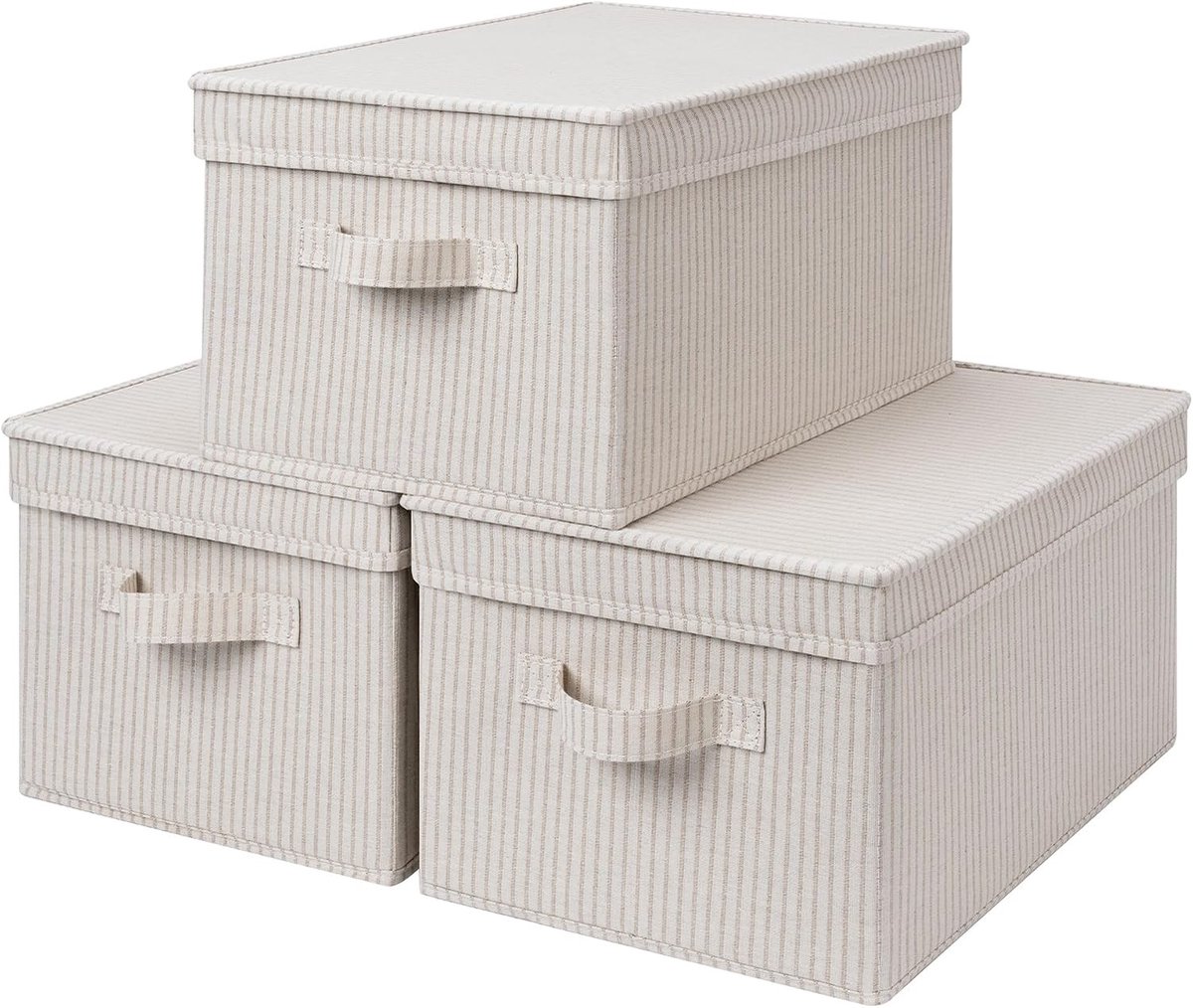 Vouwbare Decoratieve Opbergdozen met Deksel, Grote Stoffen Mand met Handvatten, 3-Pack in Khaki Streep voor Organisatie en Opslag
