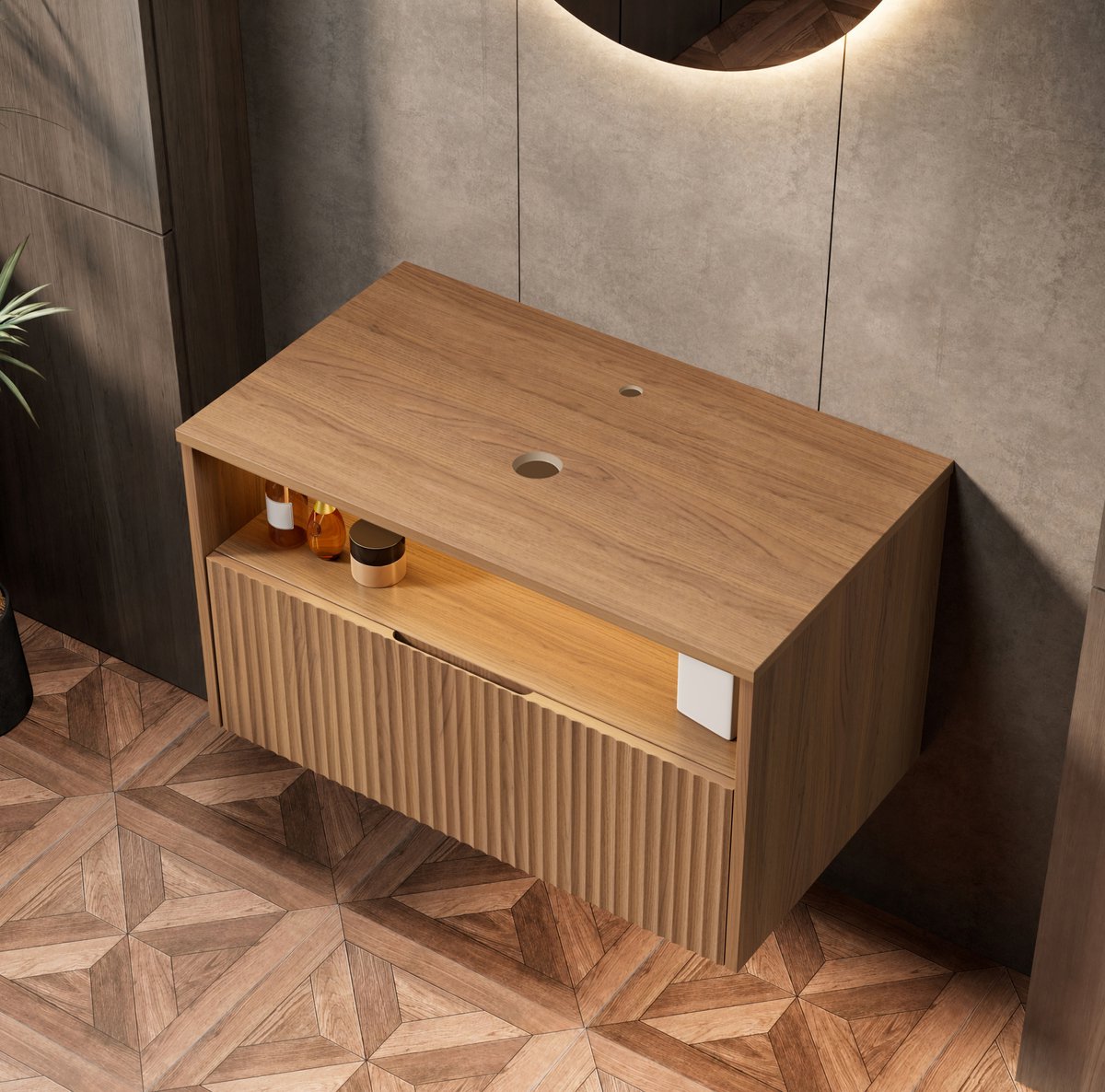 OKWISH Badkamerkast - Wandgemonteerde Opberger Met Lade En Open Vak - 80 x 46 x 45 cm - Multiplex Brown Oak - Voor Badkamer
