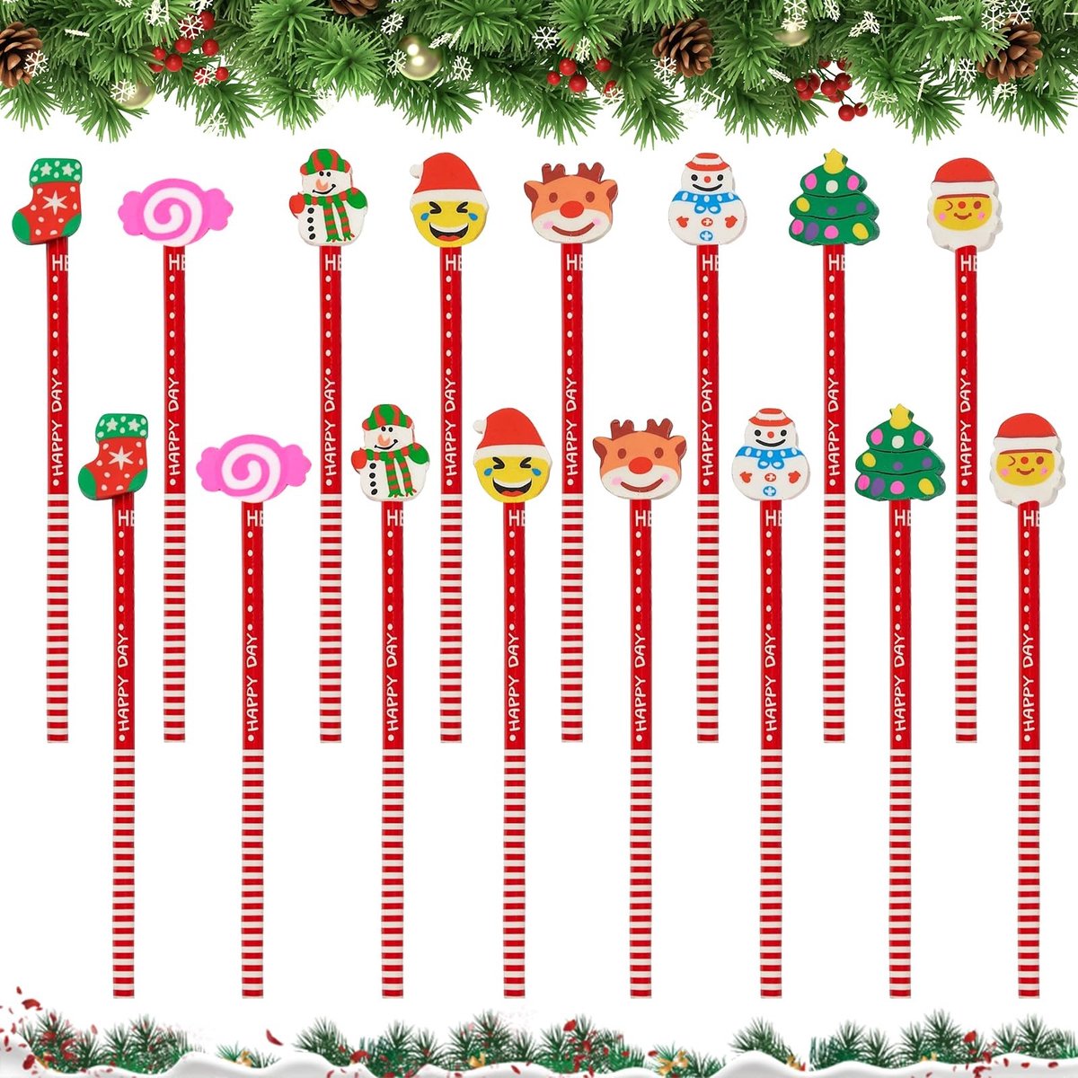 Elzusha - Kerstpotloden Set van 16 met Gum voor Kinderen