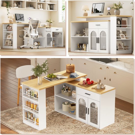 Stilvora Keukeneiland Met 360 Graden Draaibaar Tafelblad Opbergruimte Lade En Planken Voor Kleine Keuken Wit Mdf 136x50x78 Cm van Outdoorchef — afbeelding 4