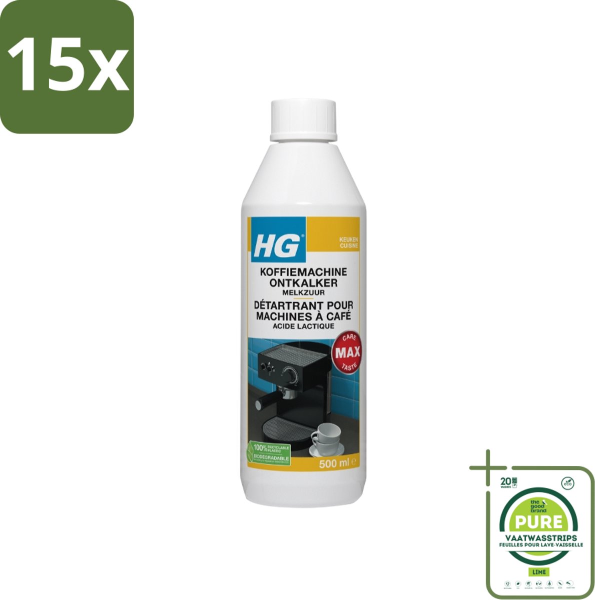 15 x HG Koffiemachine Ontkalker Melkzuur 500 ml - Grootverpakking - Koffiemachine Ontkalken - Ontkalker Melkzuur - Koffiemachine Schoonmaken - Espresso Ontkalken - Padkoffie Ontkalken