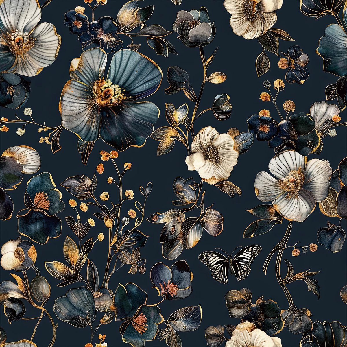 Elzusha - Zelfklevend bloemenbehang blauw goud - Vintage fotobehang 3D-effect voor slaapkamer