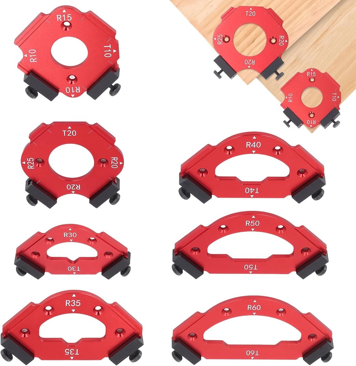 Freessjablonen set van 7 stuks voor houtbewerking, rond en radiussjablonen in aluminiumlegering, ideaal voor router en jig gebruik