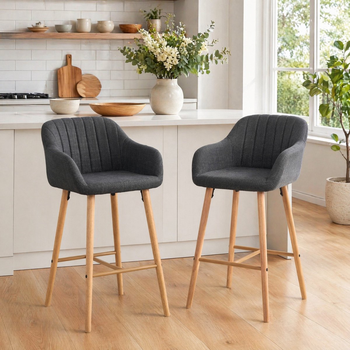 Wishdor Barkruk set van 2 - Hoge rugleuning en armleuningen - Stof - Scandinavisch - 75 cm zithoogte - Zwart - 58,5 x 55 x 104 cm Donkergrijs