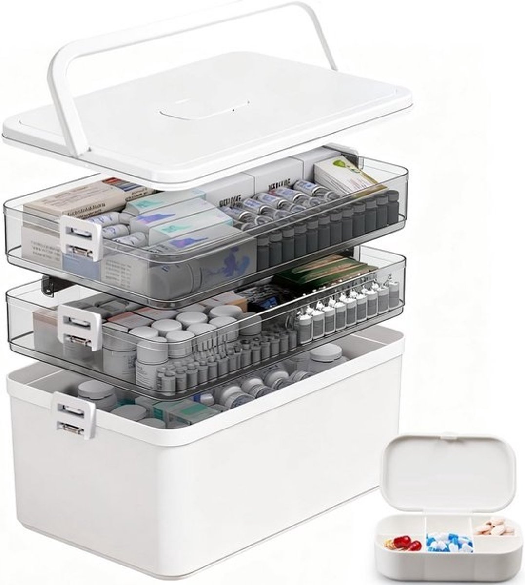 Draagbare EHBO-doos met 3 lagen, multifunctionele opbergdoos voor medicijnen en accessoires, beige, 30 x 16,5 x 24 cm