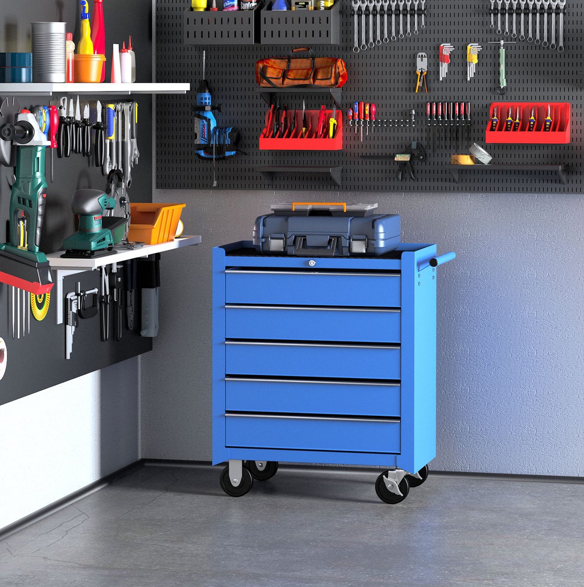 REDOM - Gereedschapskar - 5 lades - Met wielen en handgreep - Afsluitbaar - Voor werkplaats en garage - Staal - Blauw - 67,5 x 33 x 77 cm