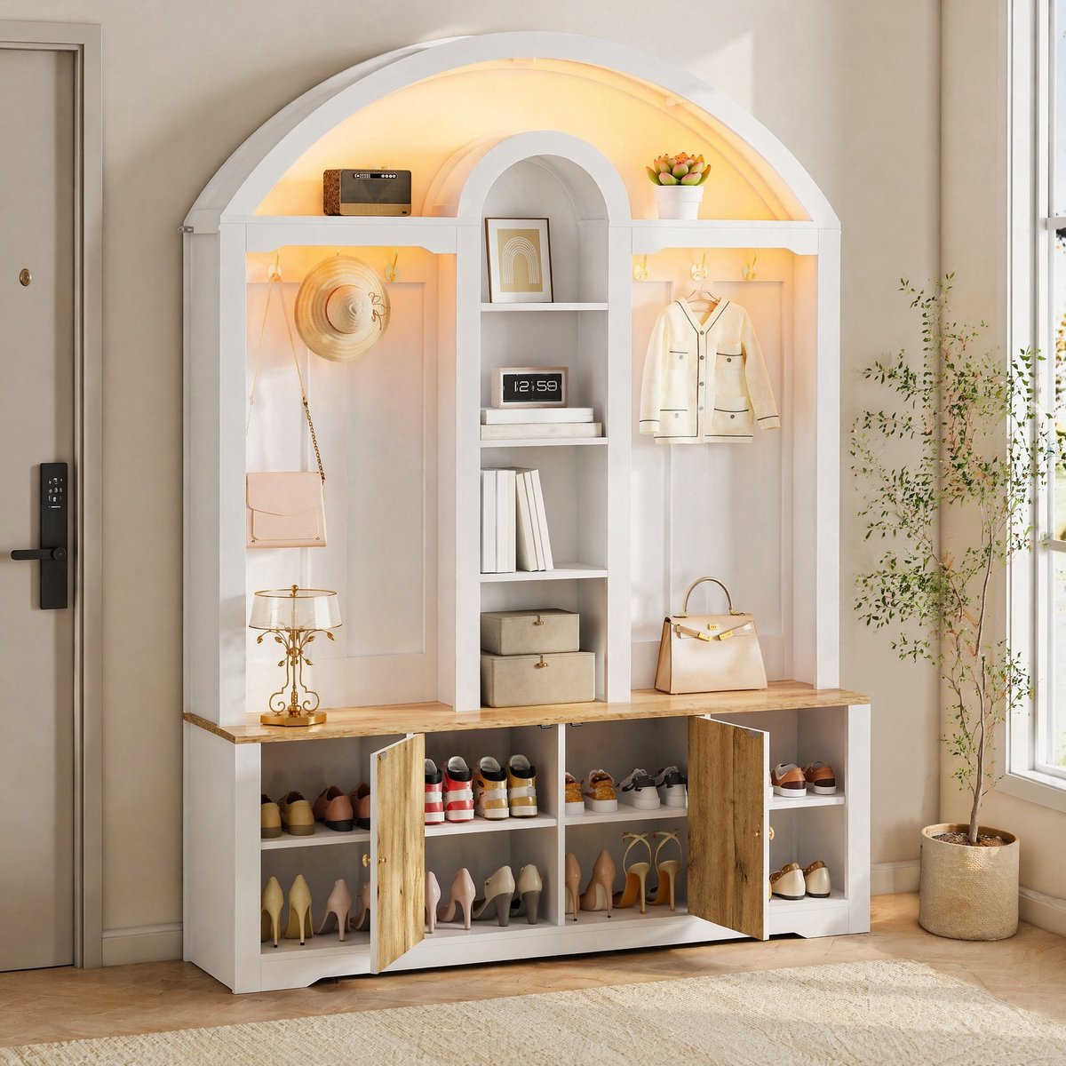 Wishdor Halmeubel - Gebogen design en open vakken - Met haken en dubbele deuren - Scandinavisch - Woonkamer hal slaapkamer - MDF - Wit - 150 x 40 x 195 cm
