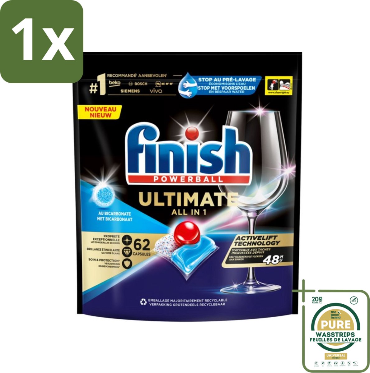 1 x Finish Powerball - Ultimate All in One - Vaatwastabletten - Met Bicarbonaat - 62 Capsules- Vaatwasmiddel - Vaatwascapsules - Glans - Reiniging - Vlekken Verwijderen