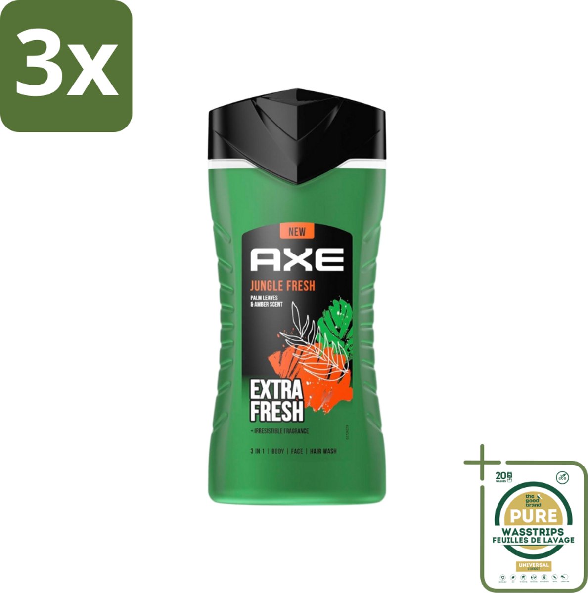 3 x Axe - 3-in-1 Douchegel - Jungle Fresh - Palm Leaves & Amber - Extra Fresh - 250 ml - Grootverpakking - Douchegel - Lichaam - Gezicht - Haar - Frisheid