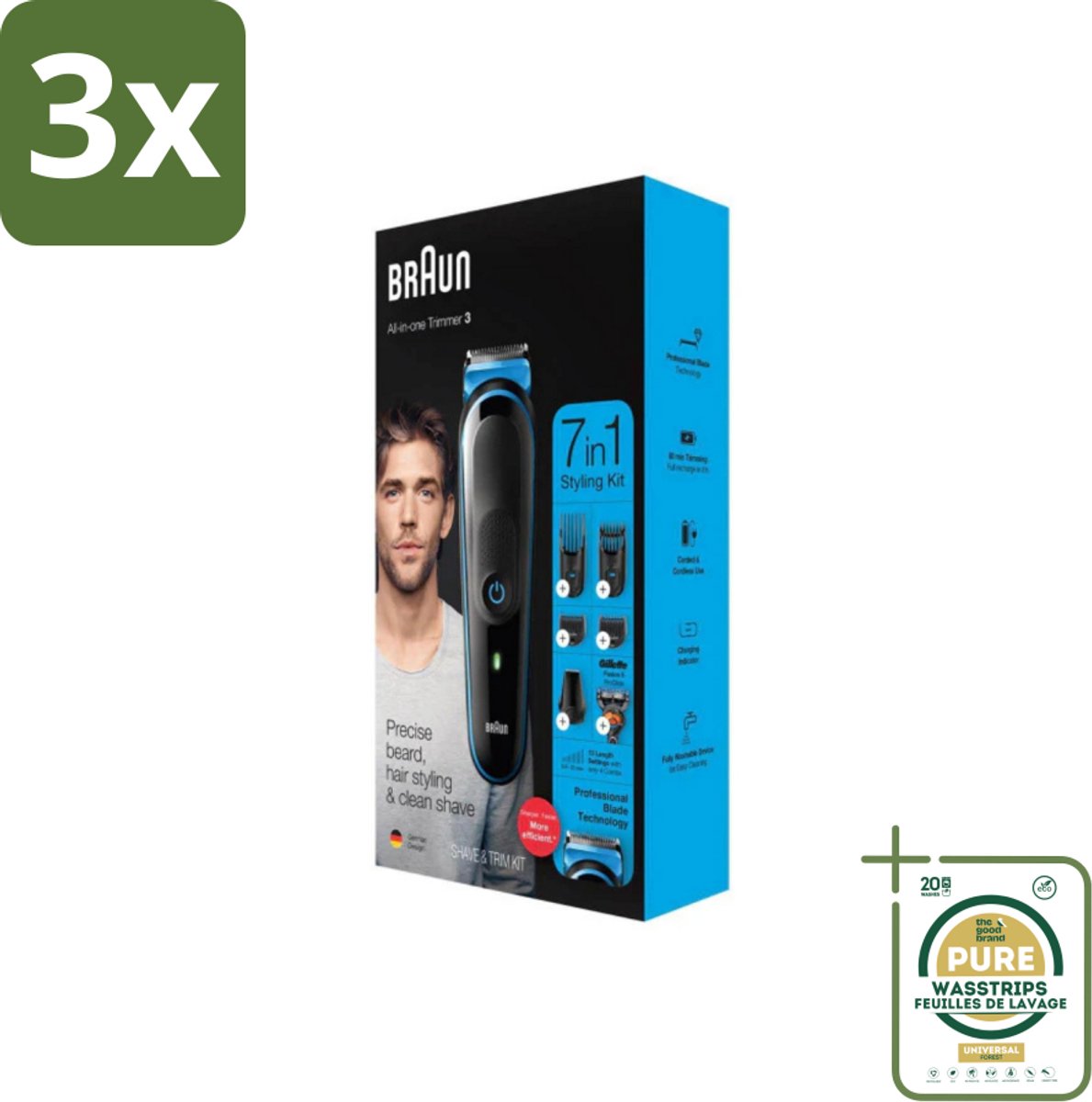 3 x Braun - Trimset - 7-in-1 - 1 Trim Apparaat - 6 Opzetstukken - Grootverpakking - Baard Trimmer - Gezichtshaar Trimmer - Neushaar Trimmer - Scheermes - Baard Onderhoud