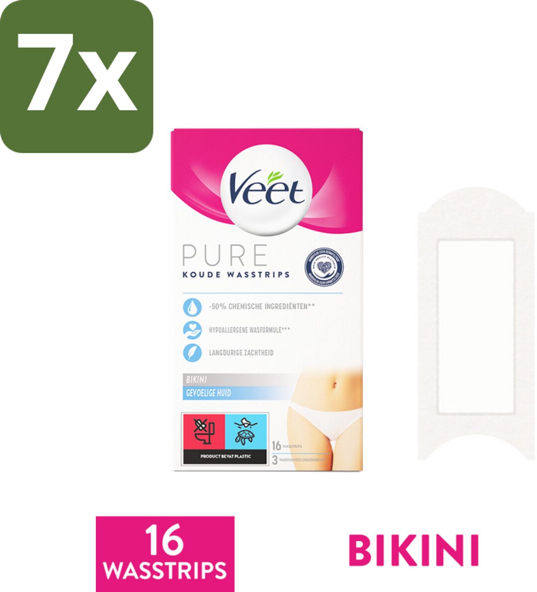 7 x Veet Ontharingsstrips Bikinilijn Pure Gevoelige Huid 16 stuks per verpakking - Ontharen Bikini - Ontharingsstrips - Ontharing Huid - Hypoallergene Ontharing - Ontharing Gevoelige Huid