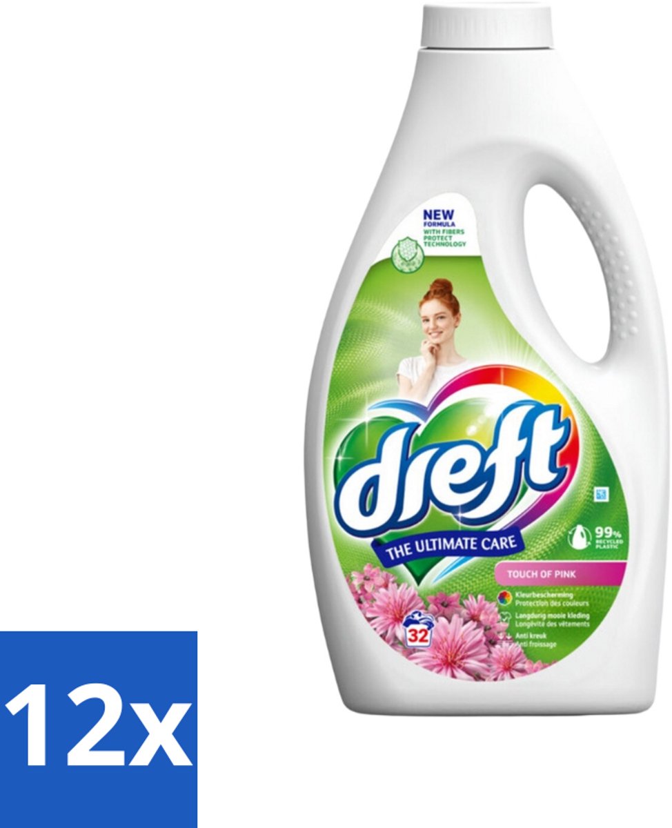 12 x Dreft Vloeibaar Wasmiddel Touch of Pink 32 Wasbeurten 1,4 liter - Wasmiddel - Vloeibaar Wasmiddel - Gekleurde Was - Wasverzachter - Kleurbescherming