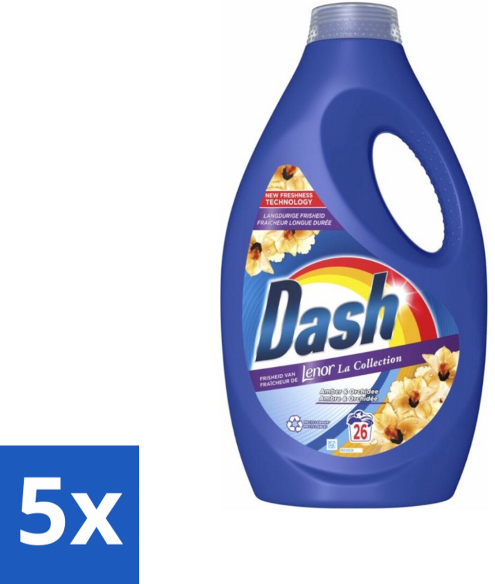 5 x Dash - Lenor Collectie - Vloeibaar Wasmiddel - Witte en Gekleurde Was - Amber & Orchidee - 26 Wasbeurten - Vloeibaar Wasmiddel - Frisheid - Wasmiddel Amber Orchidee - Wasmiddel Lenor - Wasmiddel Voor Witte En Gekleurde Kleding