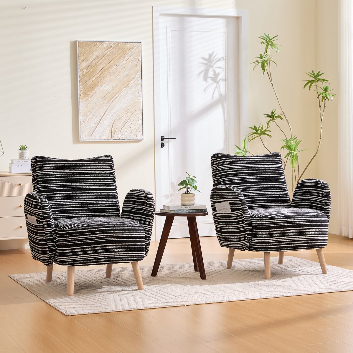 Wishdor Fauteuil - Gestreept bouclé - Armleuningen houten poten - Moderne leesstoel met zijvak woonkamer slaapkamer kantoor - Zwart/wit - 77 x 81 x 87 cm