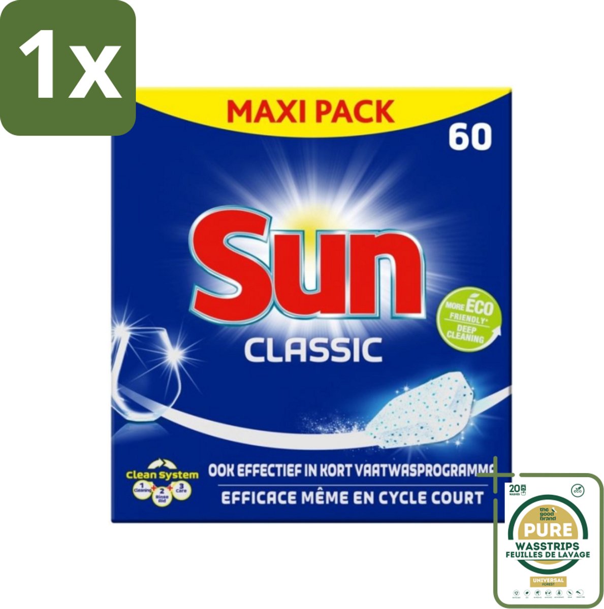 1 x Sun Classic - Vaatwastabletten - Eco - Voordeelverpakking - 60 Tabletten- Vaatwastabletten - Vaatwasser - Reinigingsproduct - Vaatwasmiddel - Eco-formule