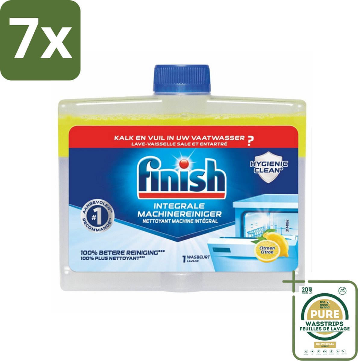 7 x Finish - Integrale Machinereiniger - Hygienic Clean - Anti-Kalk & Anti-Vuil - Citroen - 250ml - Grootverpakking - Vaatwasmachinereiniger - Vaatwasmachine Reinigen - Kalkverwijderen - Vetverwijderen - Vaatwasser Reinigen
