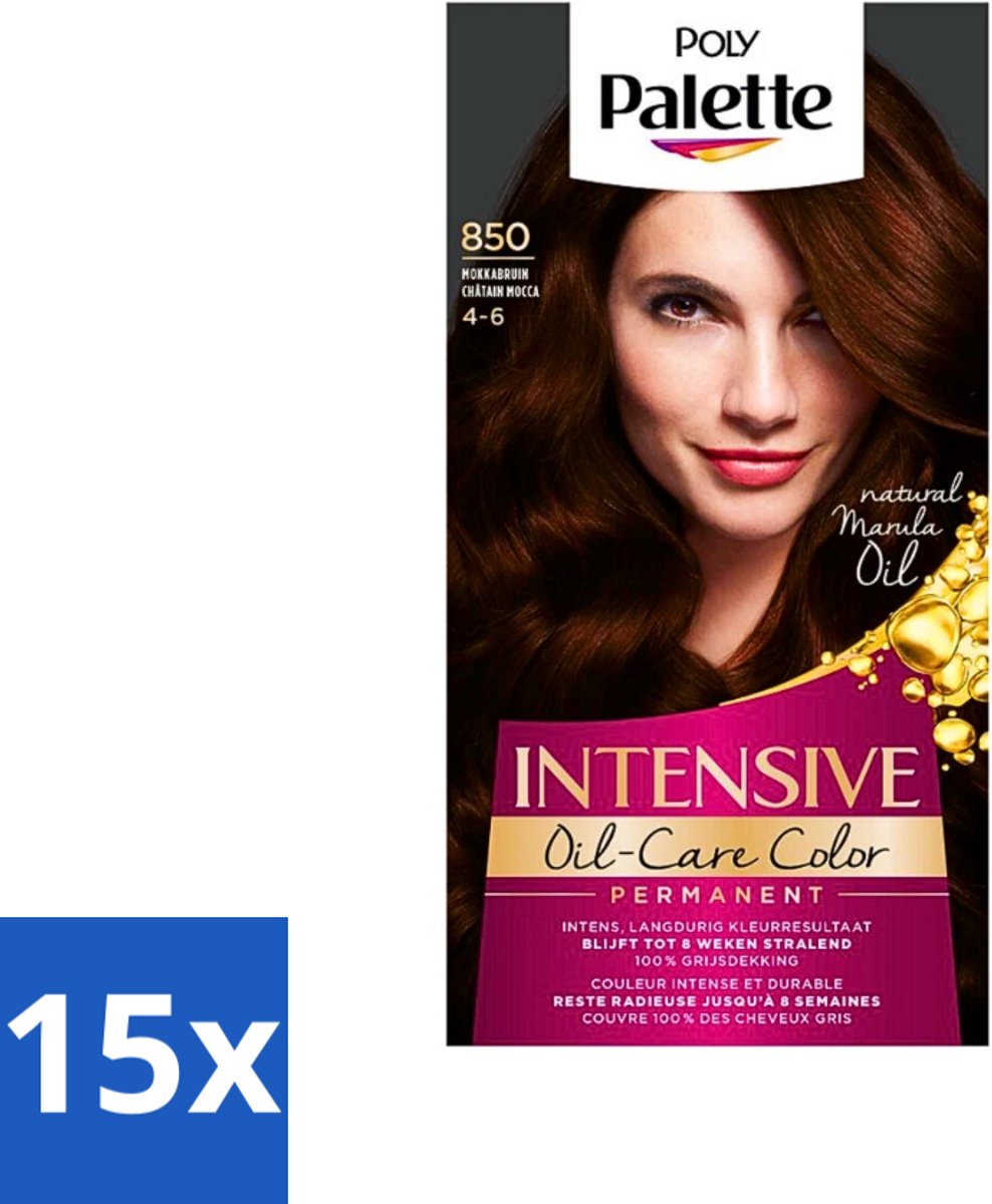 15 x Poly Palette - Haarverf - Mokka Bruin 850 - 115ml - Haarverf - Mokka Bruin - Kleurcrème - Grijsdekking - Marula-olie