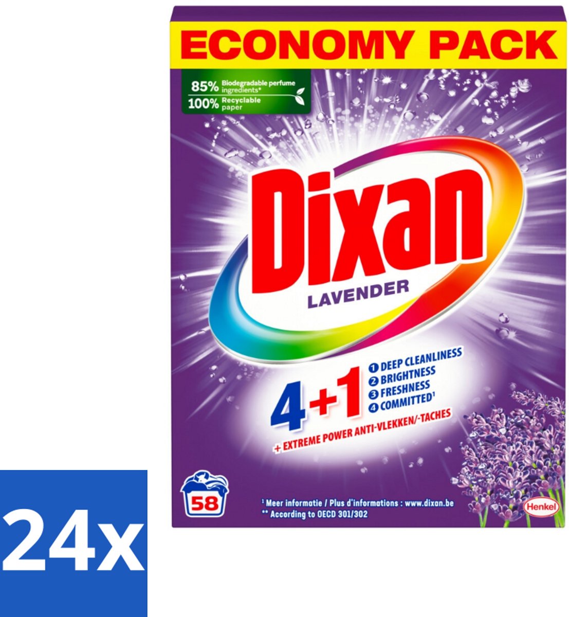 24 x Dixan - Waspoeder en Vlekverwijderaar - Witte en Gekleurde Was - Lavendel - 58 Wasbeurten - Waspoeder - Lavendelgeur - Vlekkenverwijderaar - Witte Was - Lichtgekleurde Was