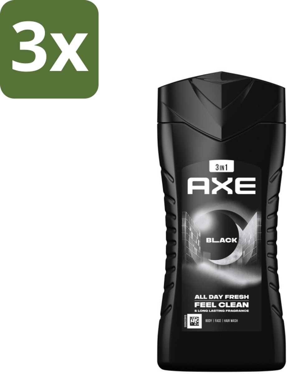 3 x Axe 3-in-1 Douchegel Black 250 ml - Douchegel - Lichaam - Gezicht - Haar - Frisheid