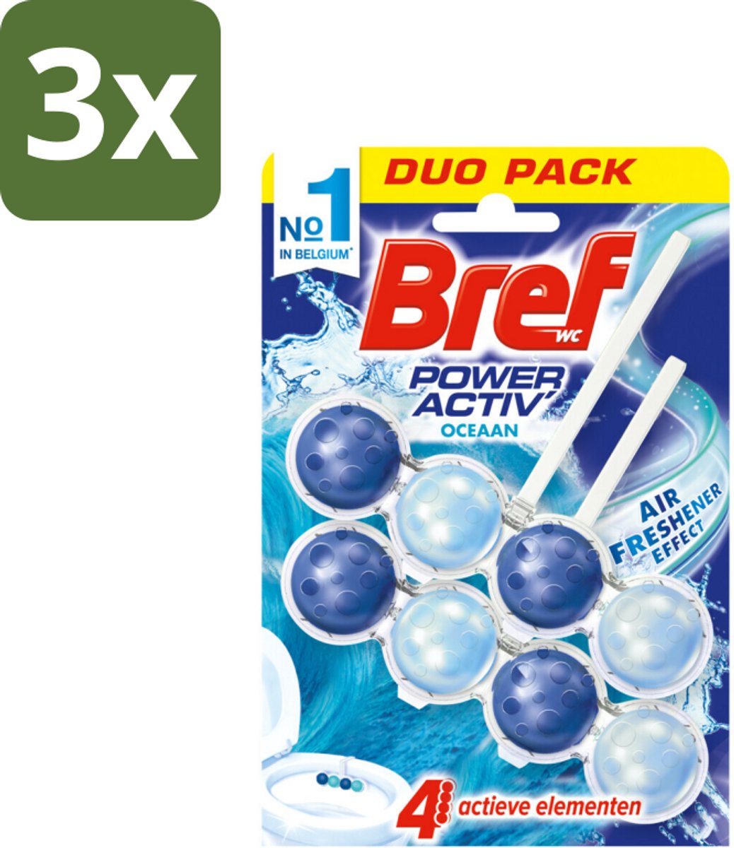 3 x Bref Toiletblok Power Active Ocean 2 stuks per verpakking - Toilet Reinigen - Toilet Schoon Houden - Toilet Reinigingsblok - Oceaan Geur - Anti-kalk Toilet
