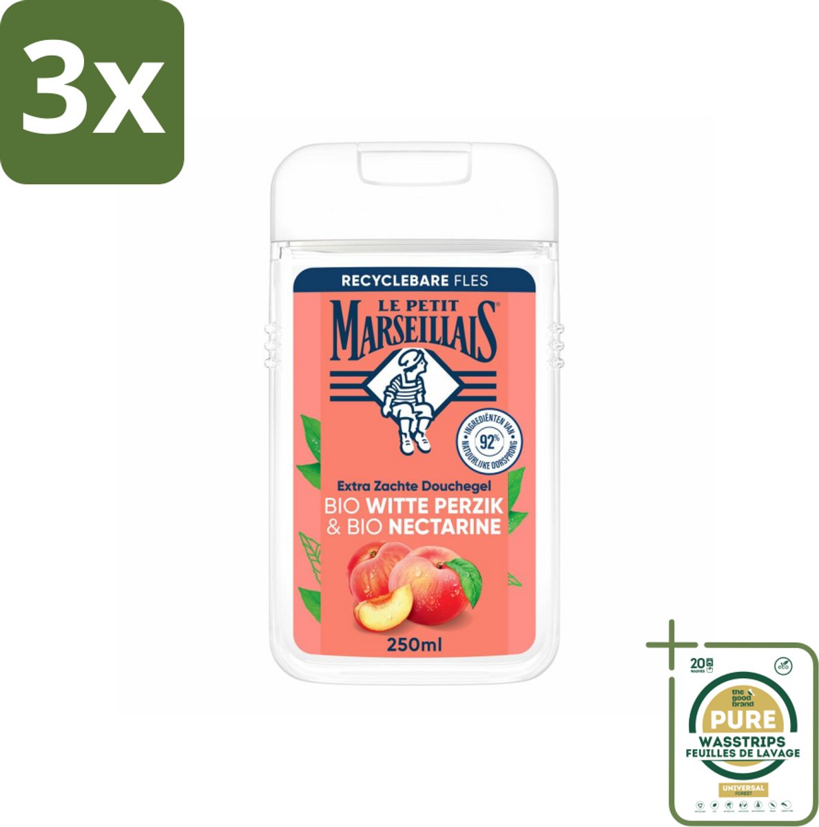 3 x Le Petit Marseillais – Douchegel – Bio Perzik & Nectarine – Verfrissend – 250 ml - Grootverpakking - Koffiezetapparaat