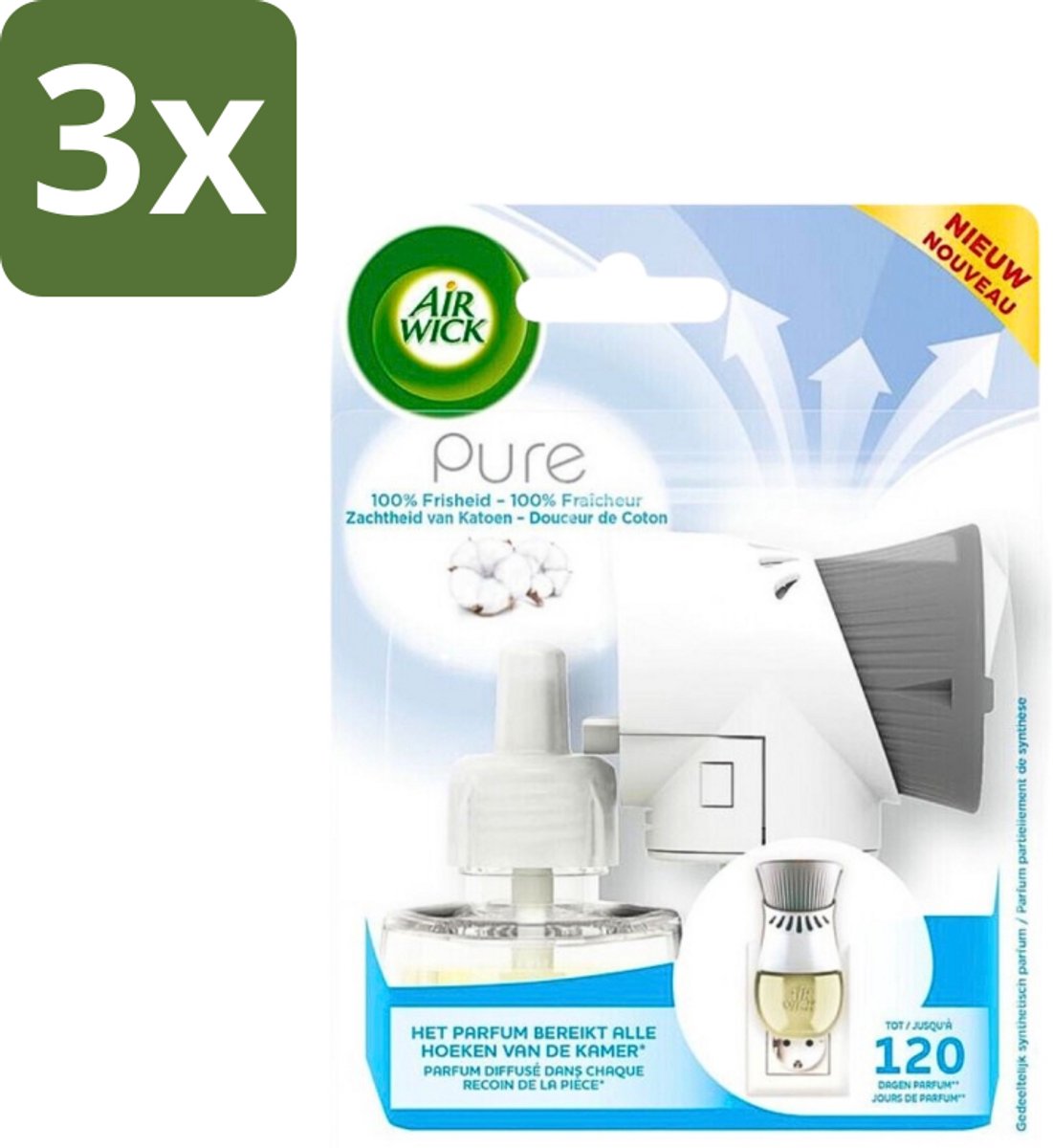 3 x Air Wick Elektrische Geurverspreider - Starterkit - Pure Zachtheid van Katoen - 19ml - Geurverspreider - Katoengeur - Frisse Geur - Elektrische Geurverspreider - Langdurige Geur