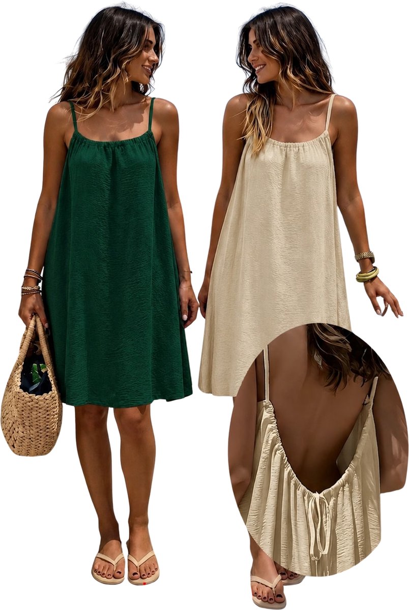 Currero Open Rug Jurk Backless Body Jurk Shirt Jurken Open Back Dress Donkergroen + Khaki