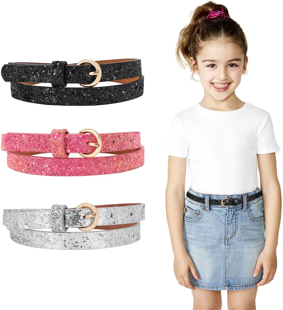 Elzusha - Glitter PU Leren Riem voor Meisjes met Gouden Gesp