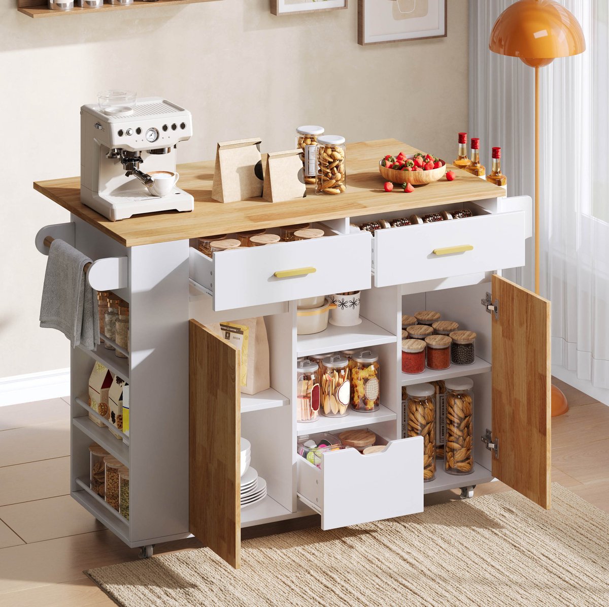 STILVORA Keukeninsel - Opklapbaar Werkblad En Veel Opbergruimte - Verrijdbare Keukenwagen Voor Keuken En Eetruimte - MDF - Wit - 120 x 45(71) x 90 Cm