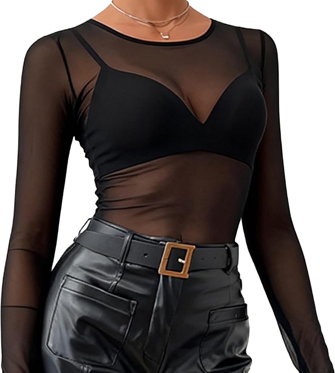 Elegante zwarte mesh dames T-shirt met lange mouwen, transparant en sexy ontwerp voor een stijlvolle look