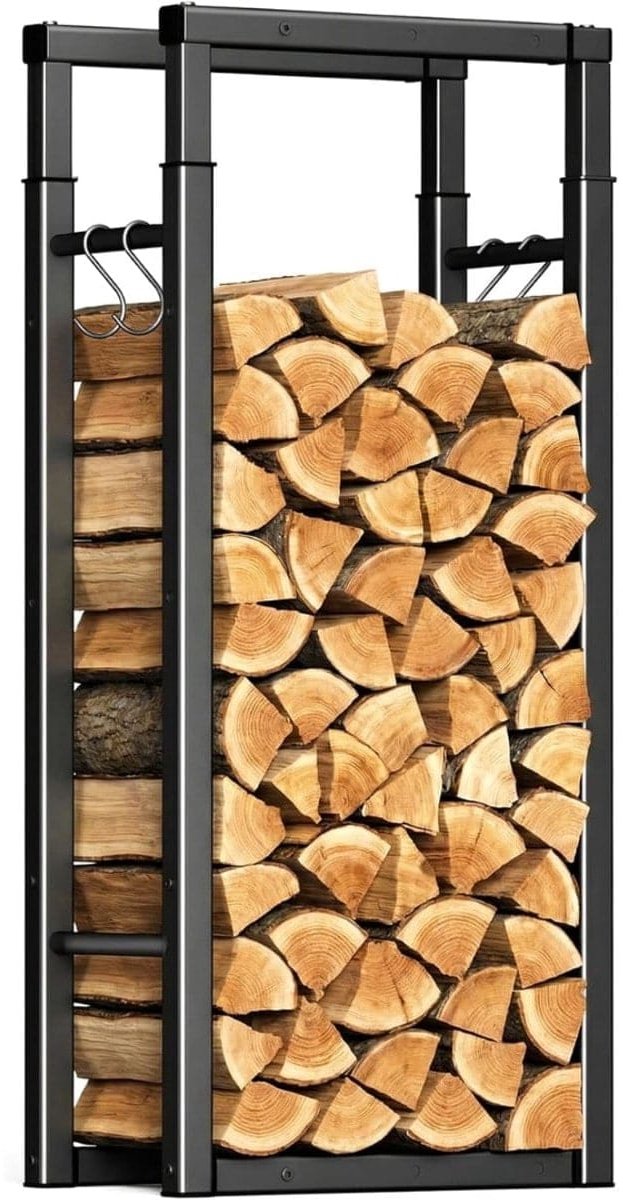 Klarven® Houtrek Zwart - Verstelbaar in 9 Maten, Binnen en Buiten - Brandhoutrek met 4 Accessoirehaken - Metaal - B 25 x D 65 x H 124 cm