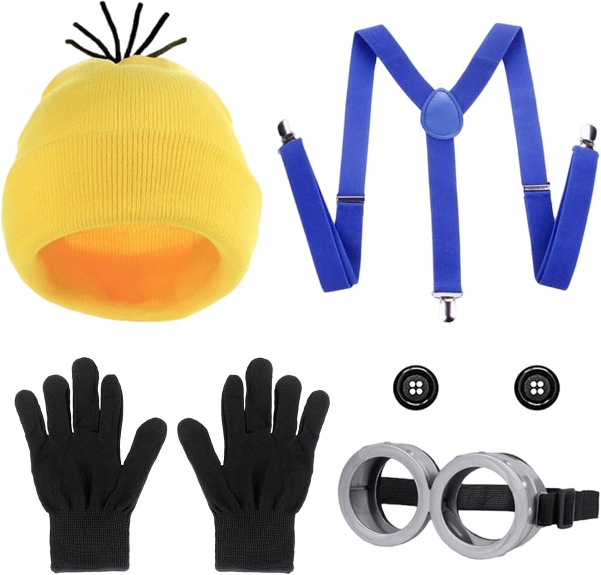 Geel kostuumaccessoires set voor Halloween en carnaval - Hoed, handschoenen, knopen en bretels