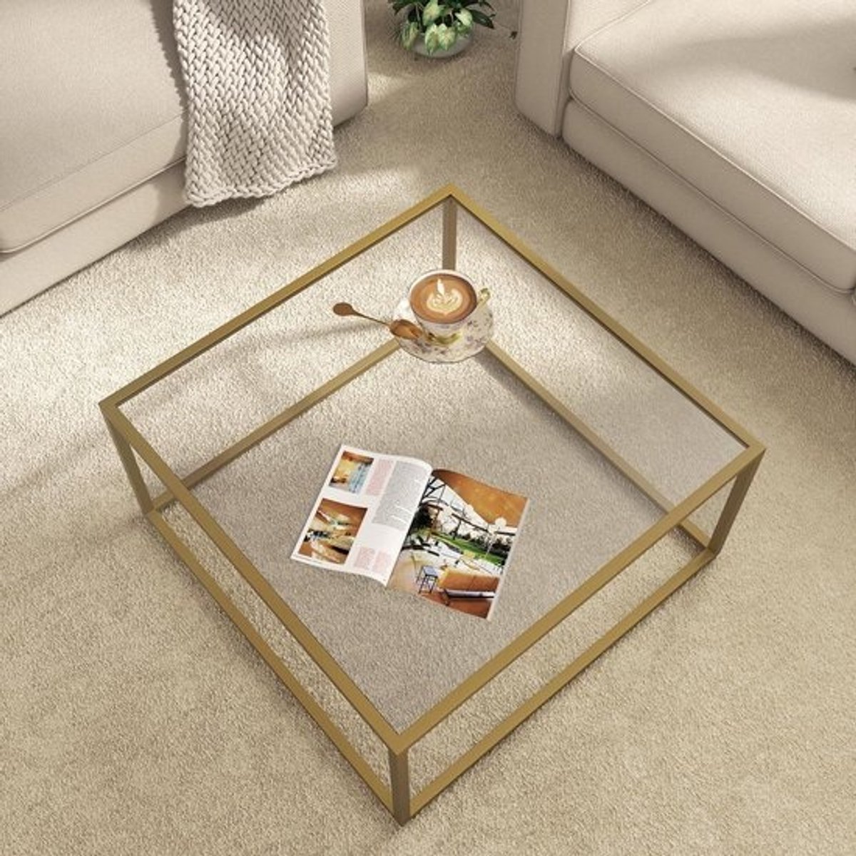 Glazen Salontafel - Midden Tafel - Woonkamer Decoratie - Explosieveilig Glas - 68 x 68 x 45 cm - Brons Goud