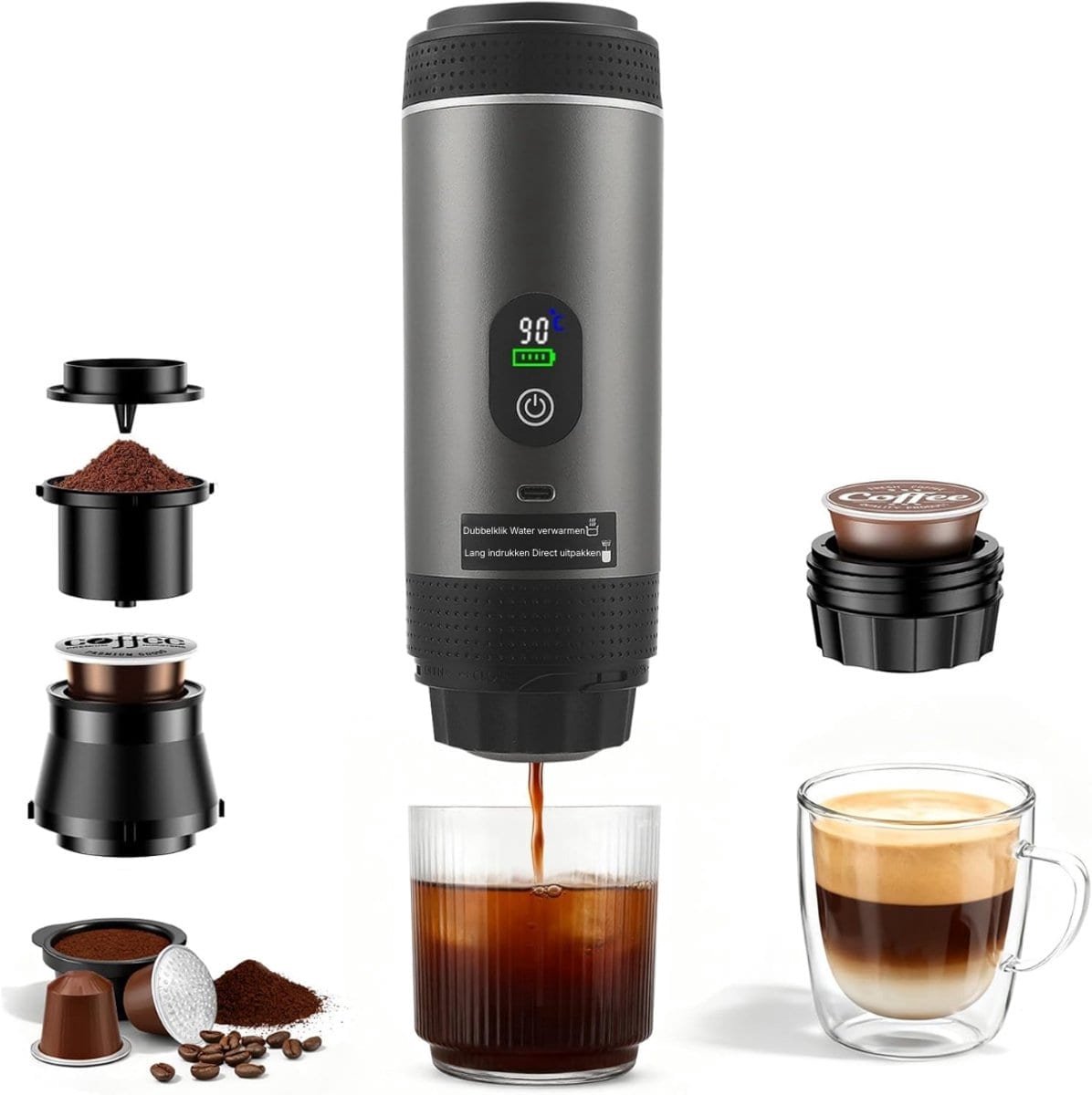 Klarven® Koffiezetapparaat Draagbaar - Batterijgevoed, Geen Stopcontact Nodig - Roestvrijstalen Binnenwand, Compact Voor Onderweg - Zwart H 27 x B 9 x D 9 cm